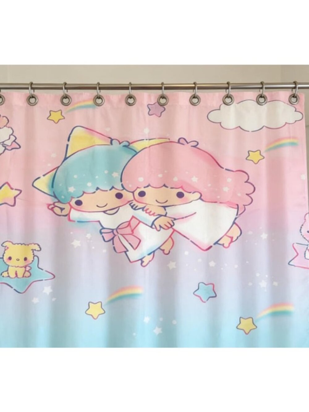 Kawaii Cartoon Twin Stars Shower Curtain 59" × 71" with 12 Hooks Included
